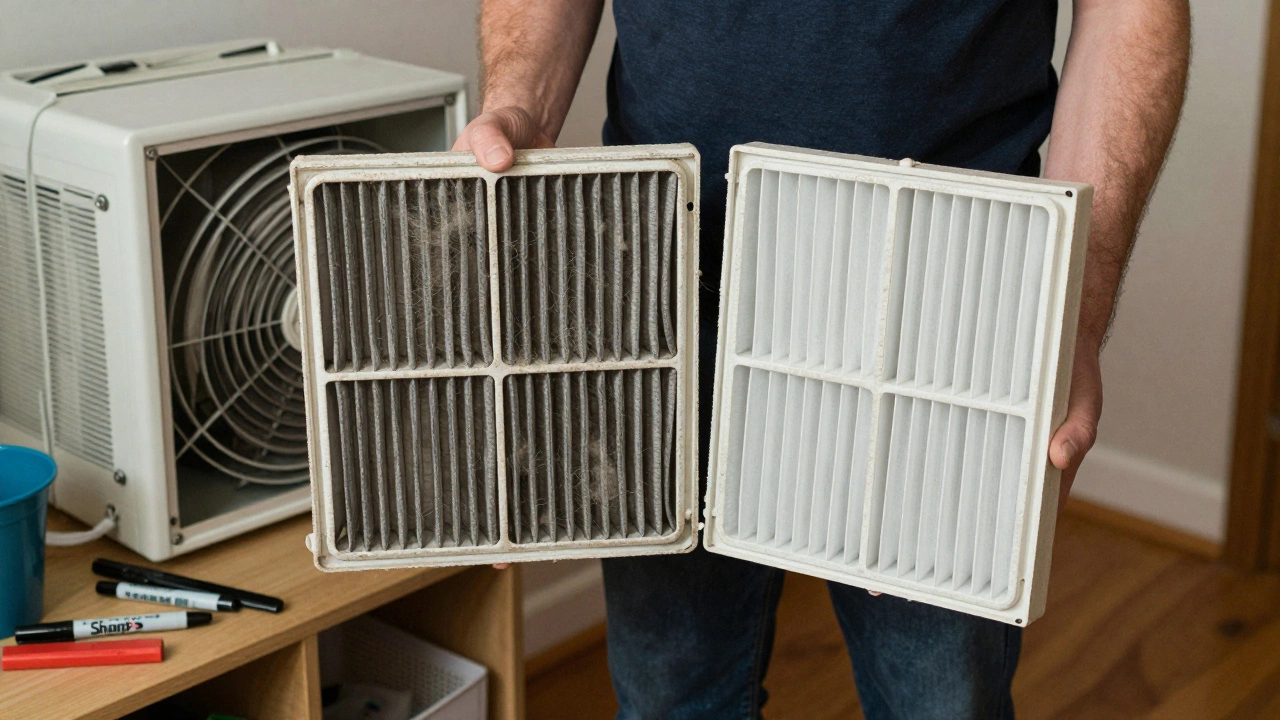 A homeowner holding two used air filters, one heavily clogged, next to an open air handler panel.