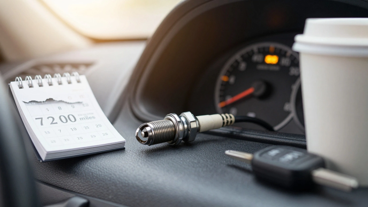 A worn spark plug on a car dashboard next to a Check Engine light, with coffee cup and car keys nearby.