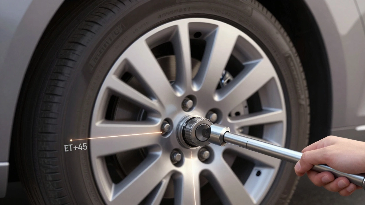 Car wheel installation with transparent overlays displaying bolt pattern and offset measurements.