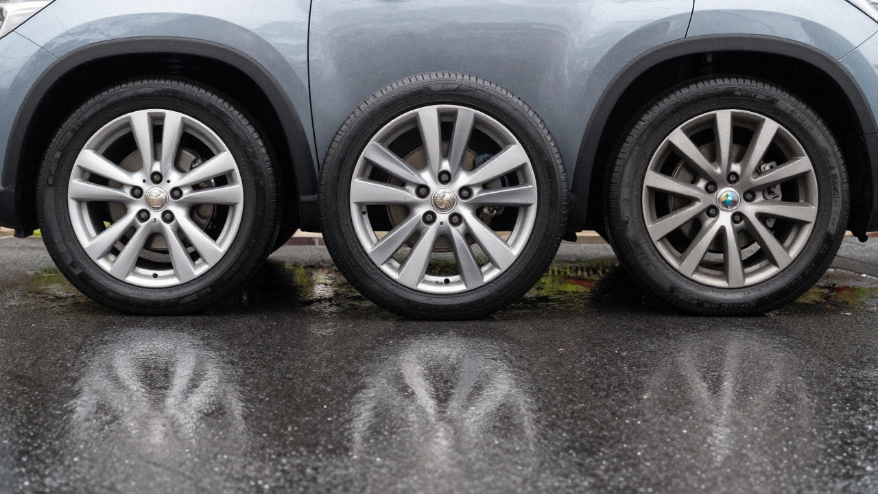 Car with three matching alloy wheels and one visibly different replacement wheel on a rainy street.