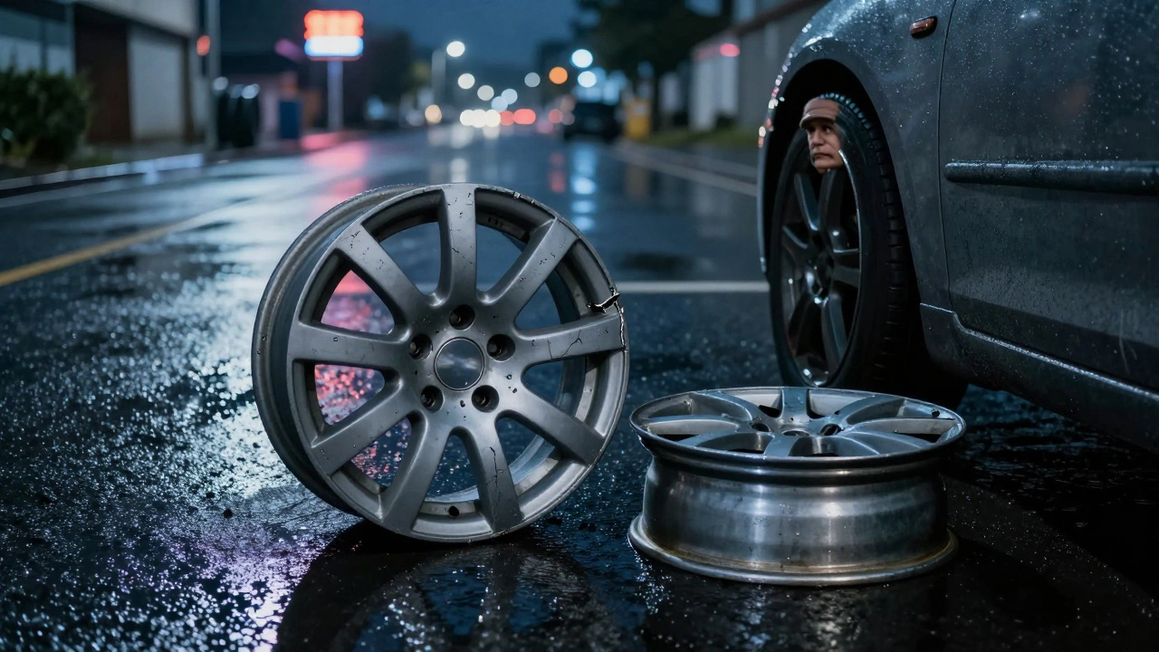 Cracked alloy wheel beside bent steel wheel on wet road under city lights.