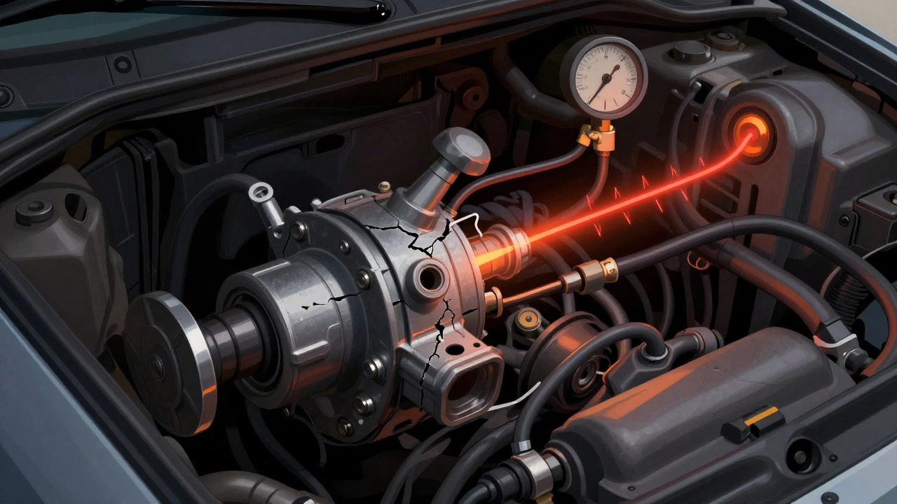 Cross-section of a car's fuel system with a failing fuel pump and warning pressure lines.