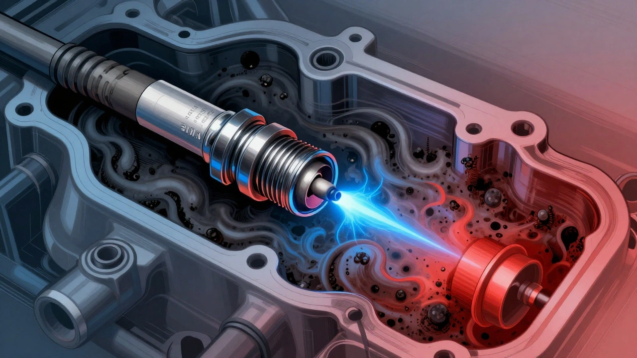 Cross-section of a car engine with a spark plug firing, surrounded by carbon buildup from frequent short trips.