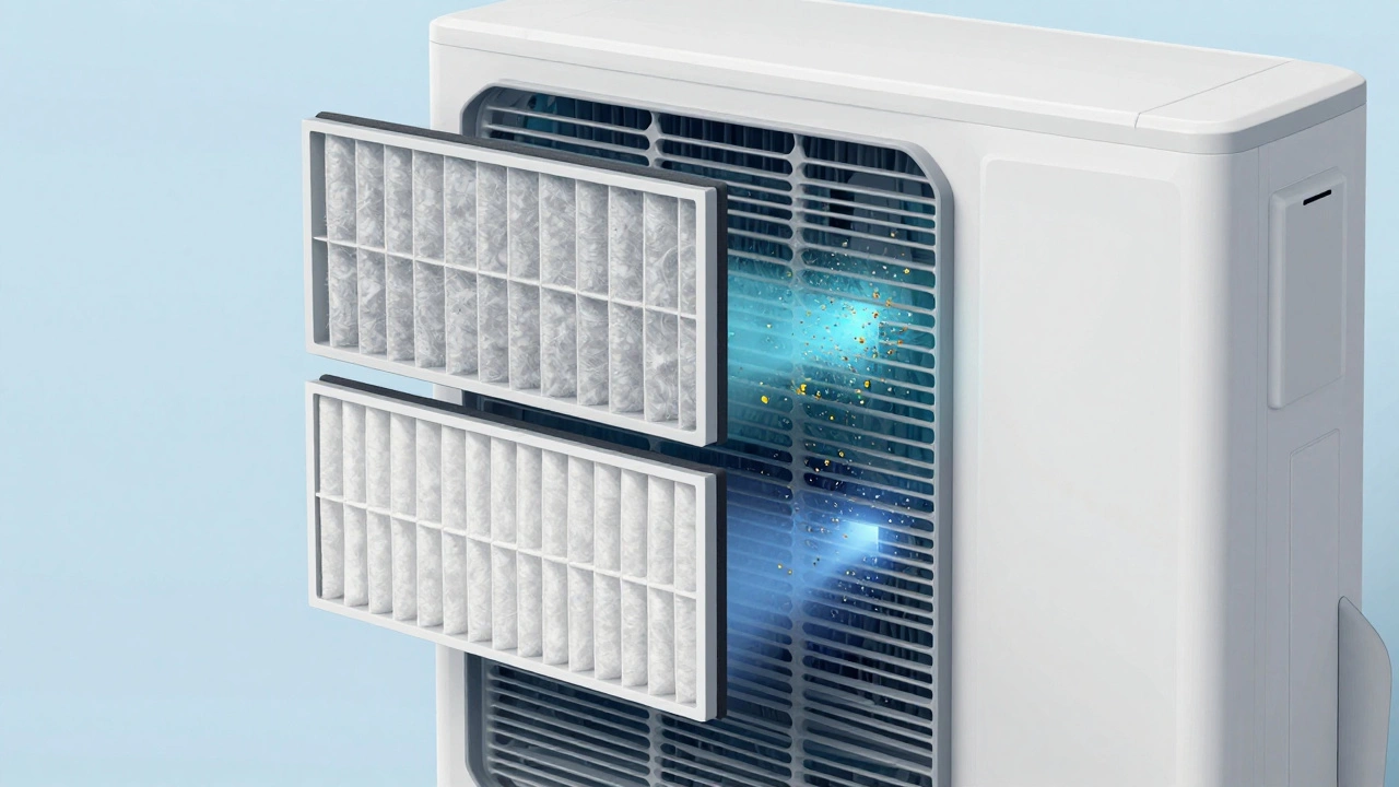 Cutaway view of an AC unit showing two filter layers trapping dust and pollen before reaching the coil.