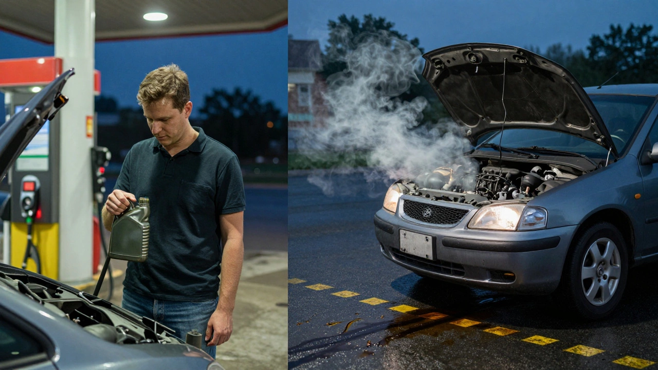 Driver checking oil safely on one side, same car smoking and damaged on the other.