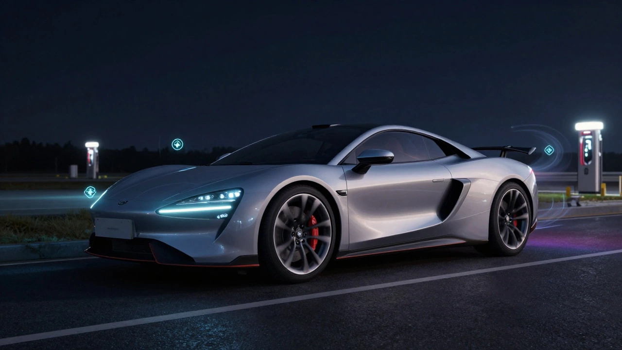 Electric vehicle with forged alloy wheels at night, surrounded by aerodynamic airflow lines and energy icons.