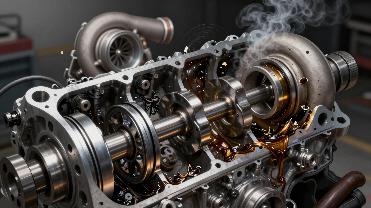 Internal engine parts grinding together due to lack of oil, with sludge and metal shavings.