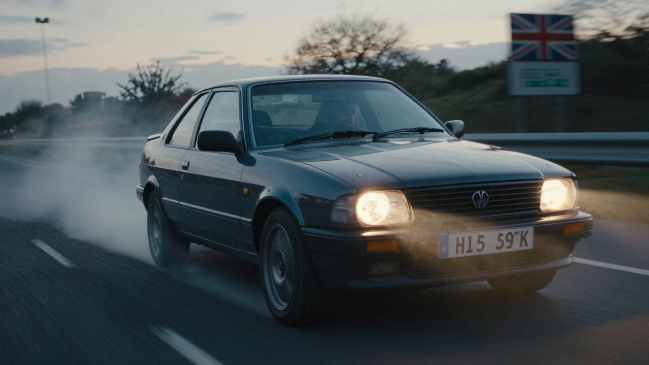 Manual car rolling downhill, engine starting as clutch is released at dusk.