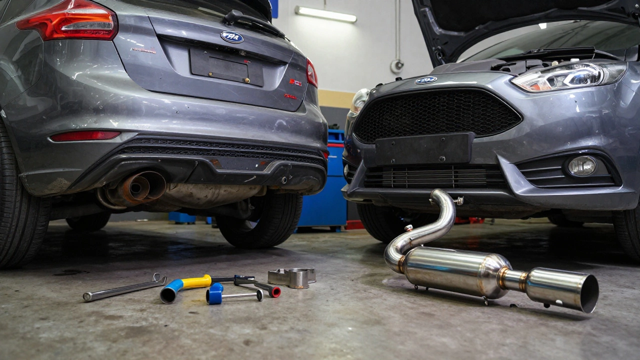 Mechanic installing a performance exhaust system on a Ford Focus ST, with before-and-after visual comparison in the background.