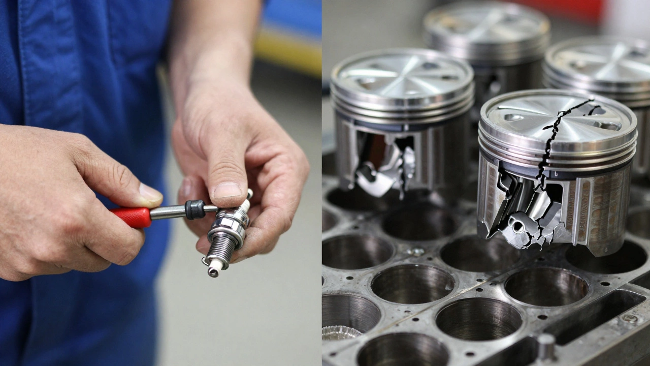 Mechanic replacing spark plugs next to damaged engine components