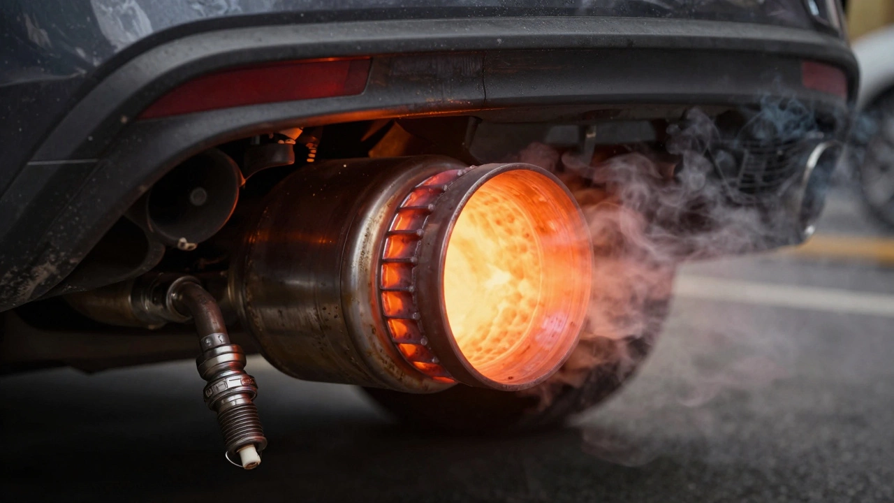 Overheated catalytic converter emitting black smoke from exhaust