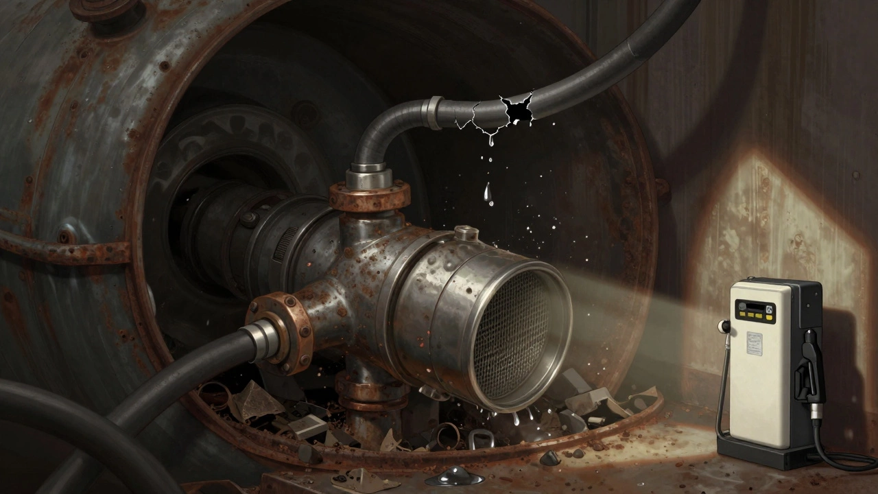 Rusted fuel tank filled with debris and water, a clogged filter above, and a damaged pump struggling inside.