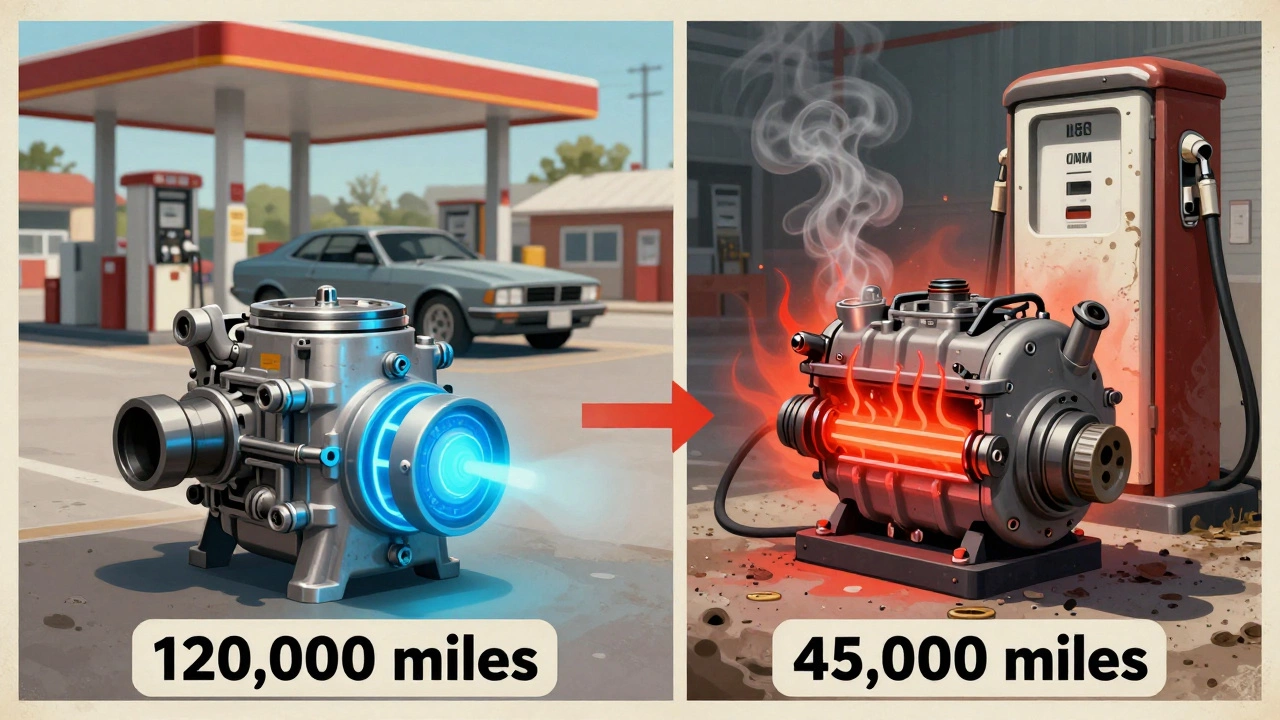 Side-by-side comparison of a long-lasting OEM fuel pump and an overheating cheap replacement.
