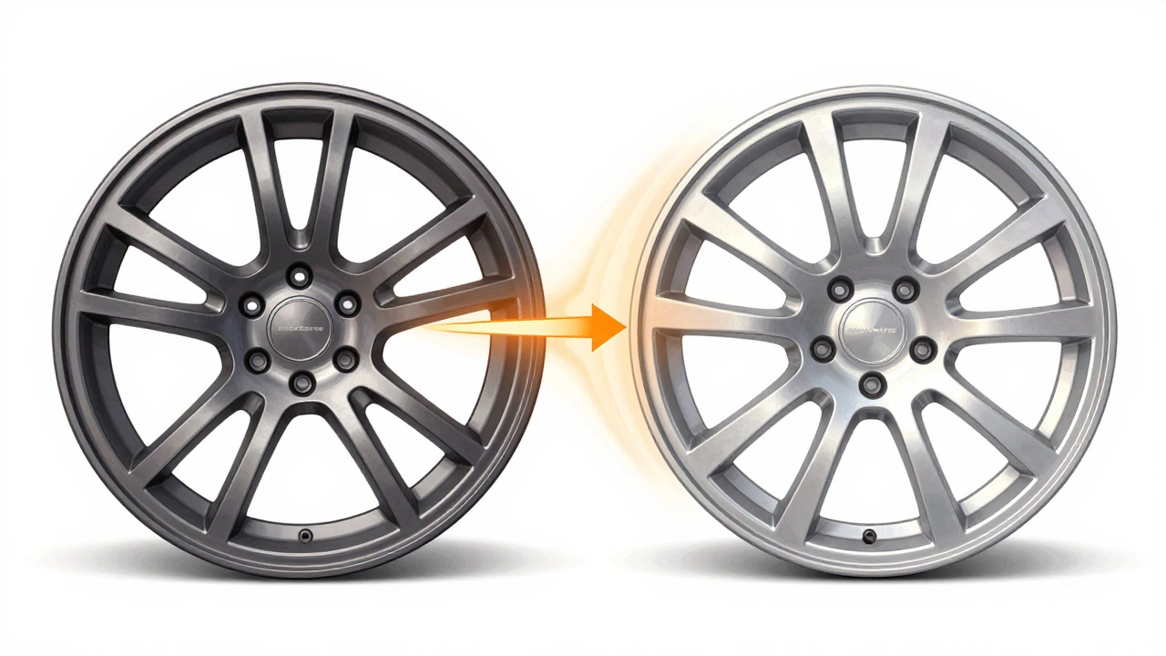 Side-by-side cross-section of steel and alloy wheels showing weight difference and heat dissipation features.