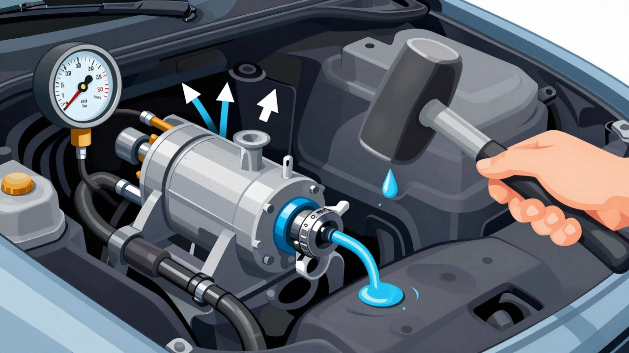 Technical illustration of a failing fuel pump with pressure gauge reading 35 psi and tapping action.