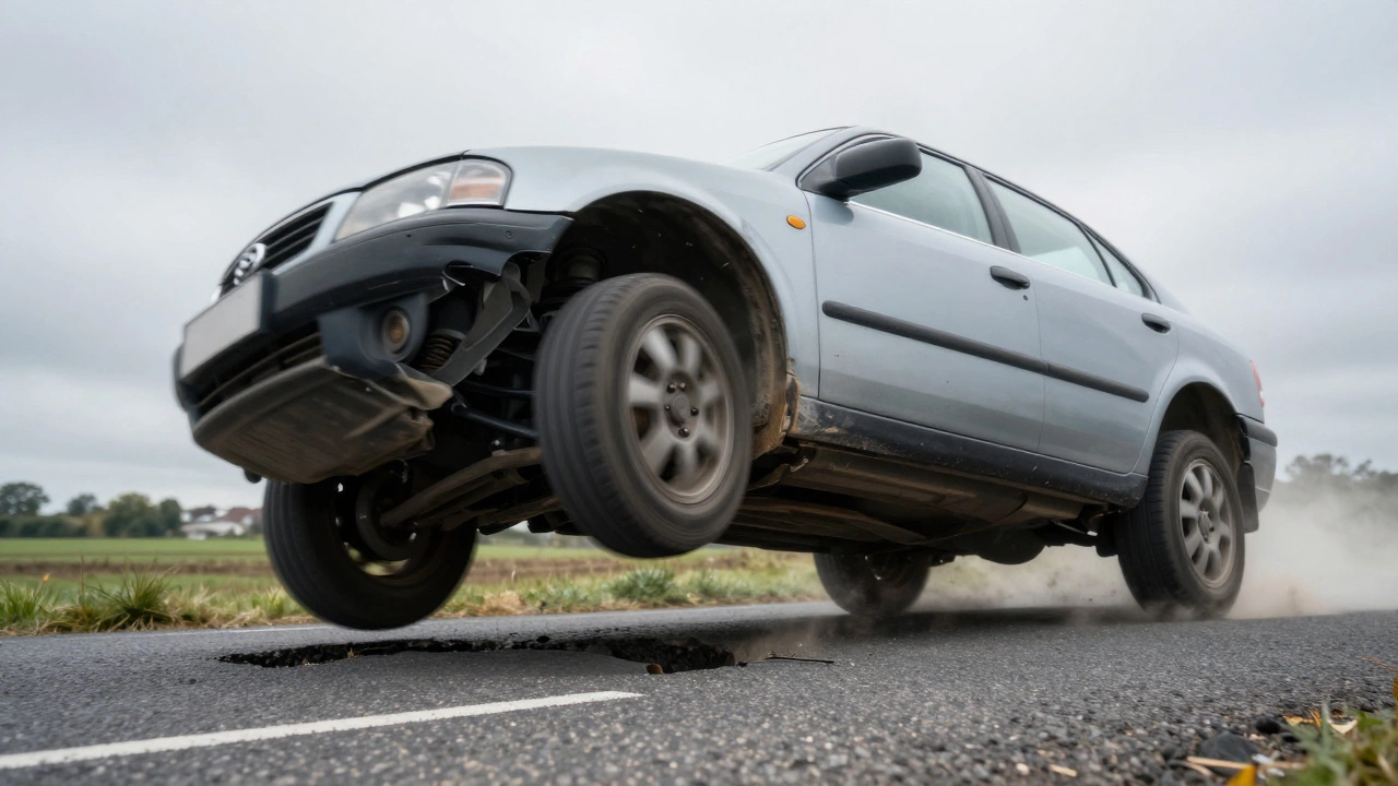 A car leaning unevenly on a rough road, tires worn on one side, symbolizing suspension failure.
