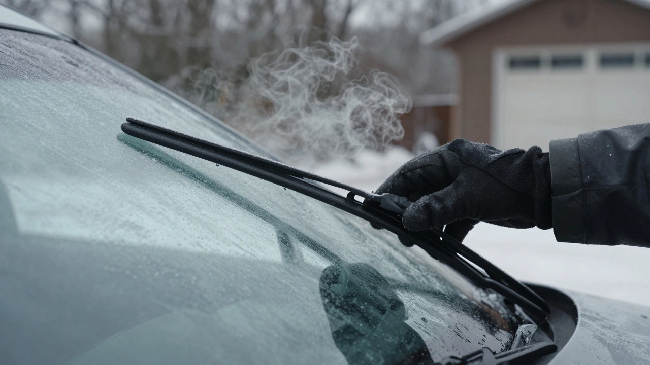 A gloved hand lifting a frozen wiper blade away from an icy windshield at dawn.