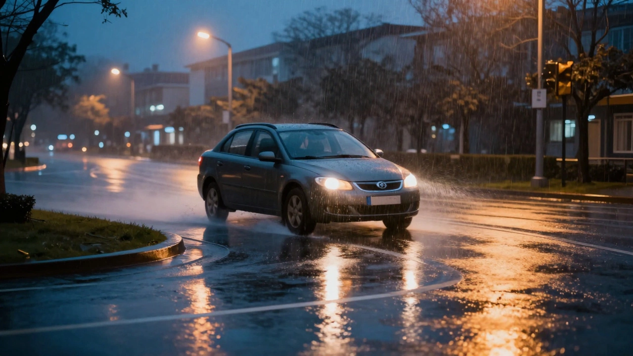 Car braking on wet road surface showing potential loss of traction.