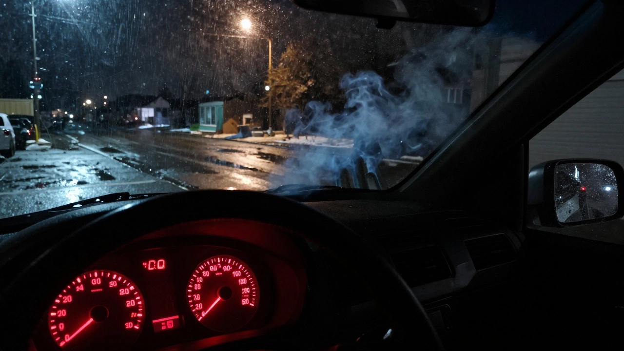 Car dashboard showing red oil warning light with blue smoke from exhaust at night.