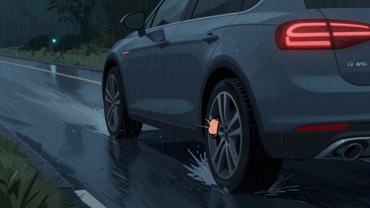 Car pulling to one side while braking on a wet road due to uneven brake pad condition.