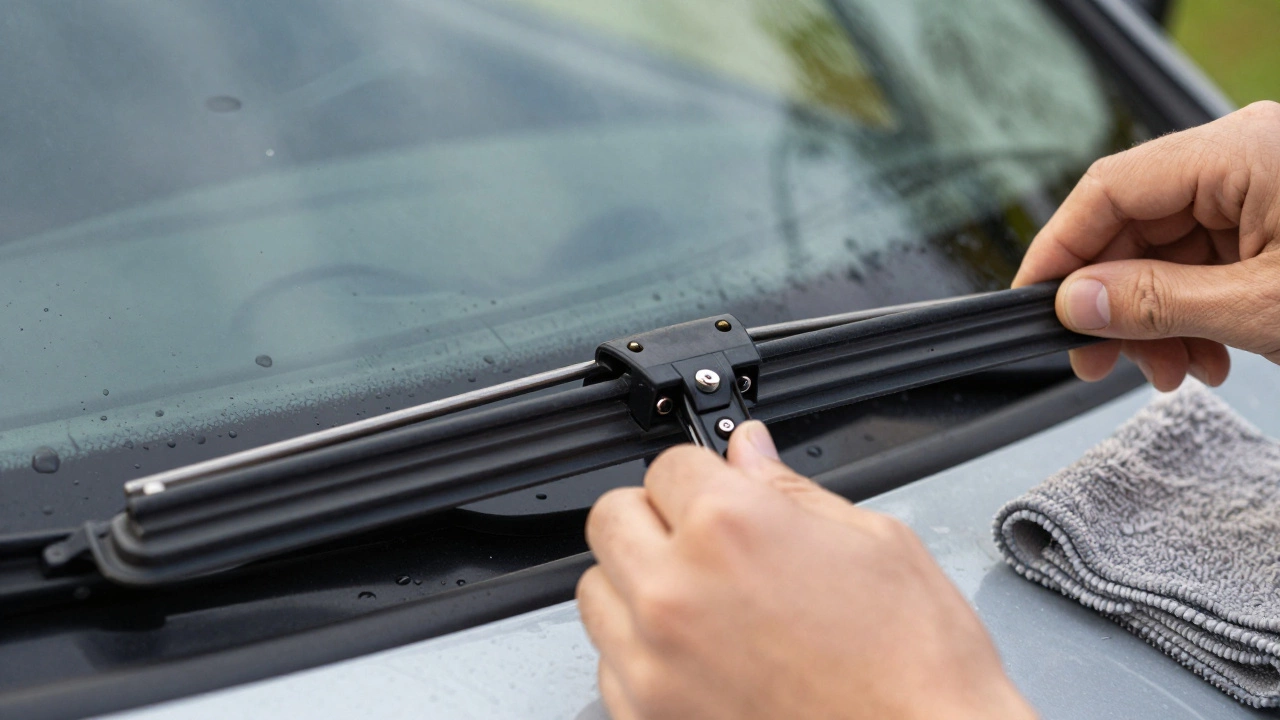 Close-up of hands installing wiper blade on car windshield arm.