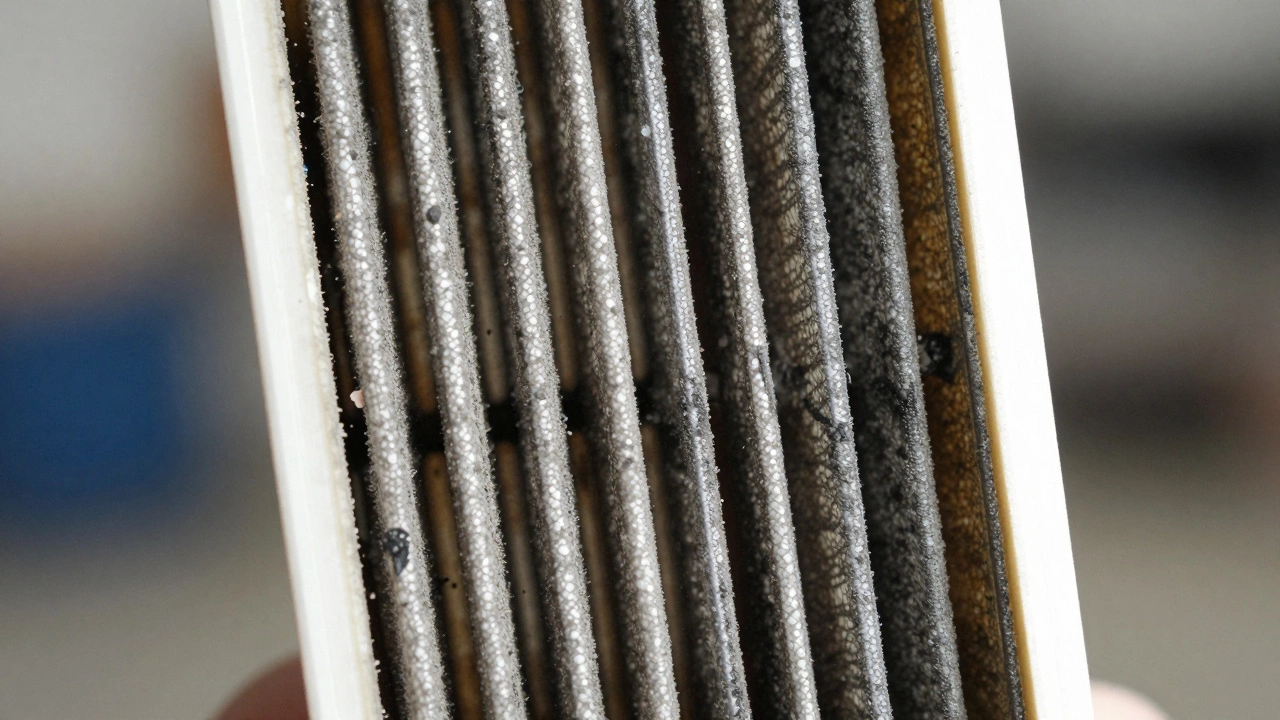 Dirty engine air filter held against bright light showing blockage.