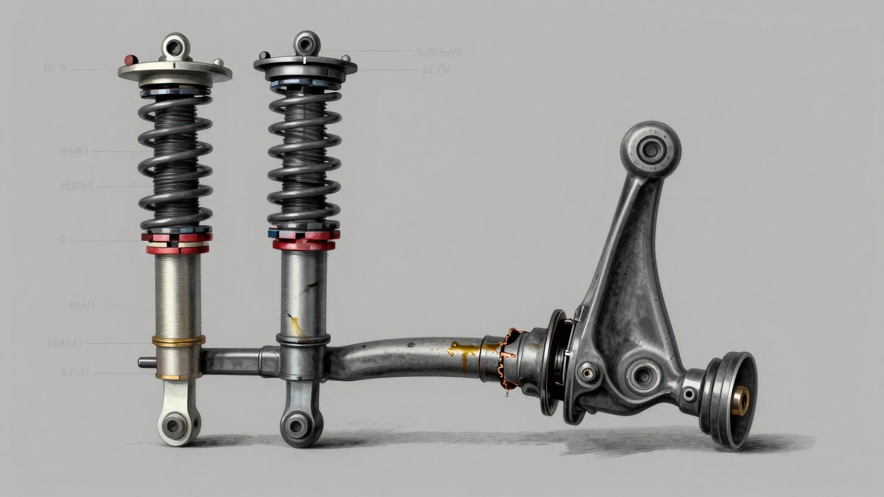 Disassembled car suspension parts showing oil leaks, cracked bushings, and a loose ball joint.