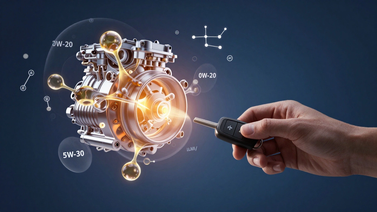 Hand holding a car key beside an abstract engine made of glowing oil molecules with viscosity ratings and certification symbols floating around.