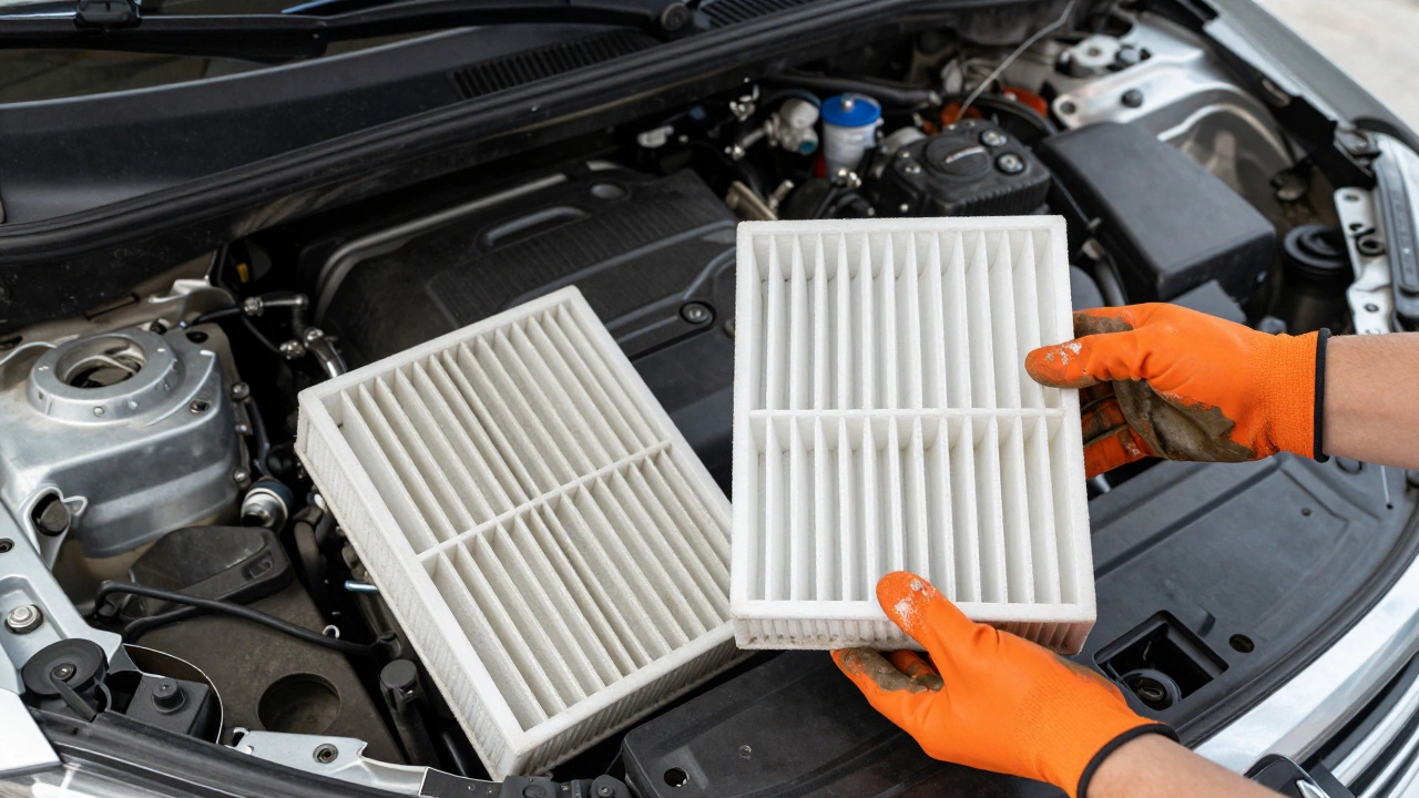 Hands comparing new clean filter with old dirty one in engine bay.