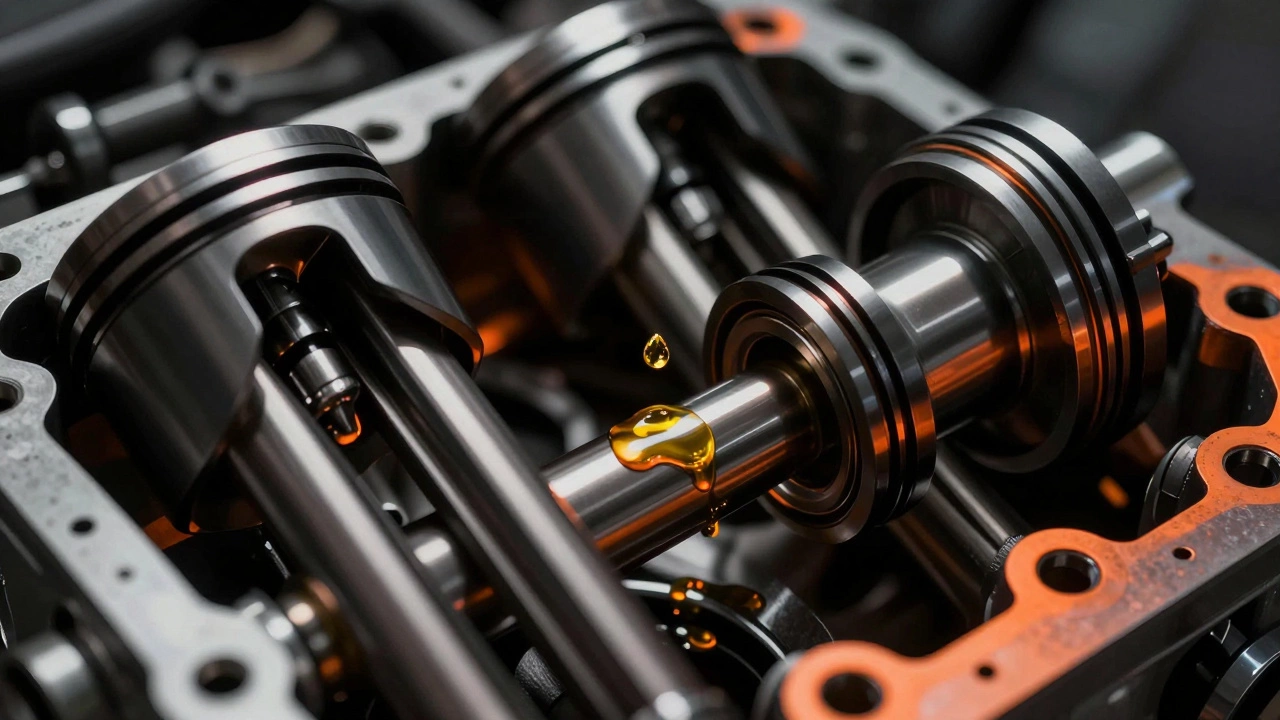 Internal engine parts grinding without oil, a single drop falling toward the gap.