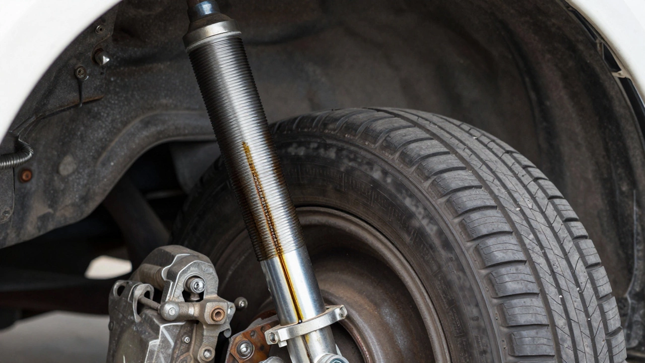 Leaking shock absorber and unevenly worn tire tread close up.