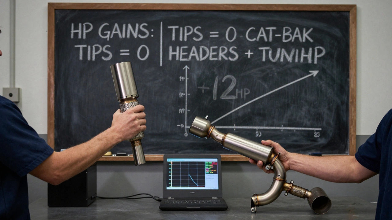 Mechanic holding exhaust tip next to full performance system, with dyno graph on chalkboard.