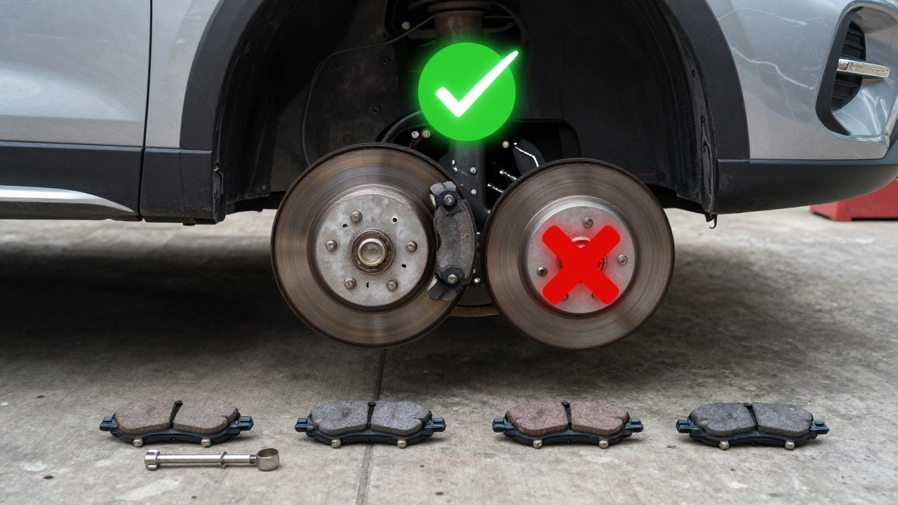 Mechanic replacing all four brake pads on a lifted car, symbolizing balanced and safe braking.