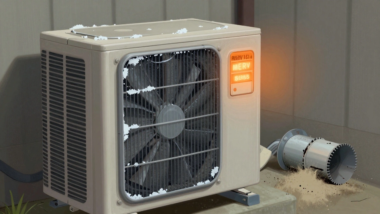 Old AC unit with frost on coil and clogged MERV 13 filter, indicating system stress.