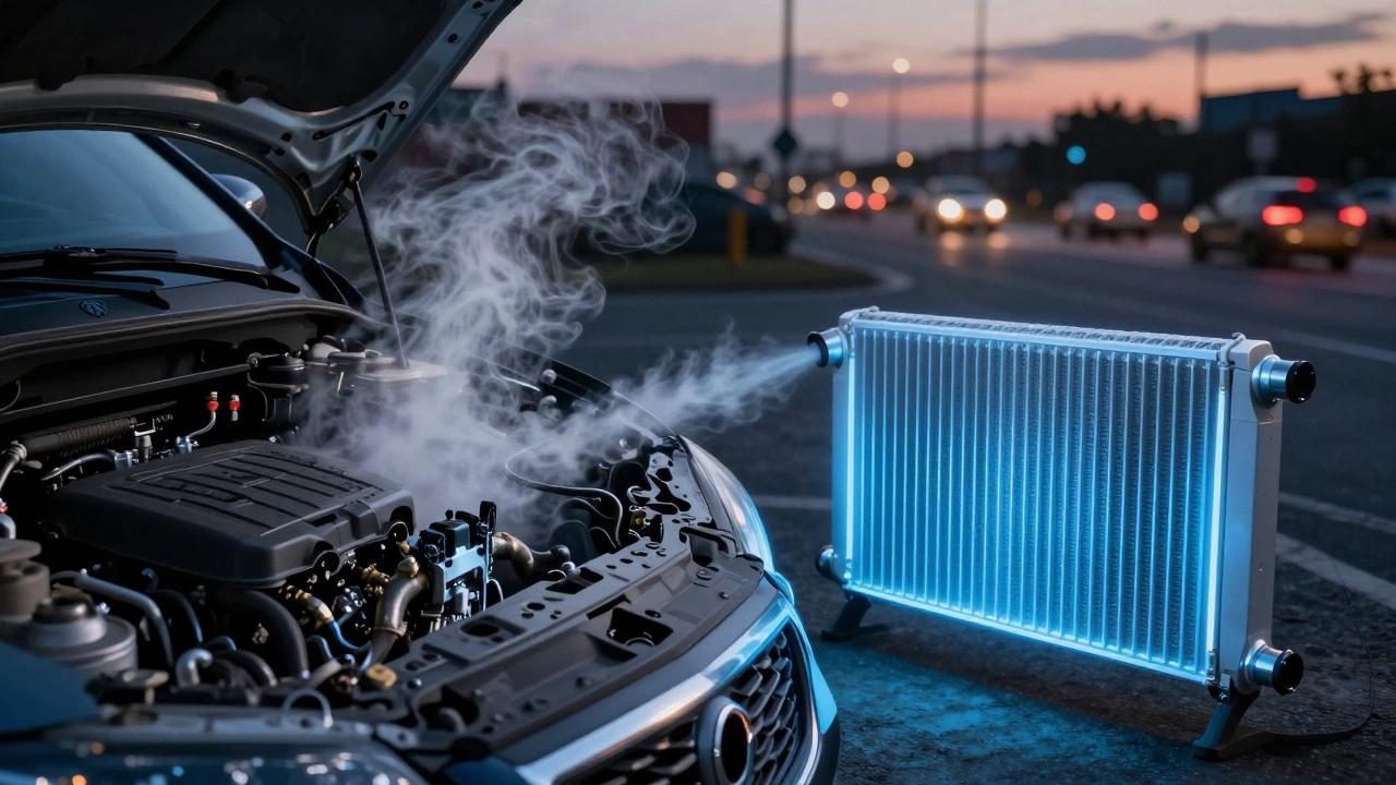 Overheating engine with cracked radiator versus a cool, intact radiator in twilight setting.