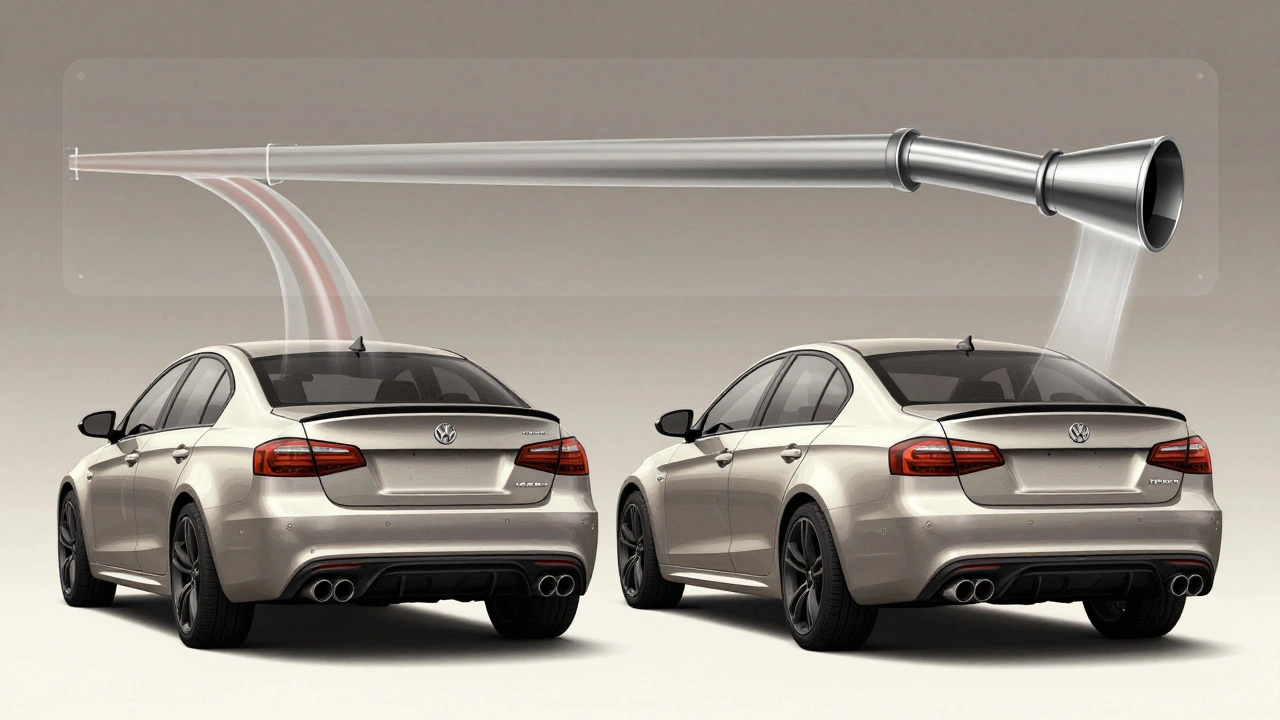 Side-by-side car comparison with airflow diagrams showing exhaust system internals.