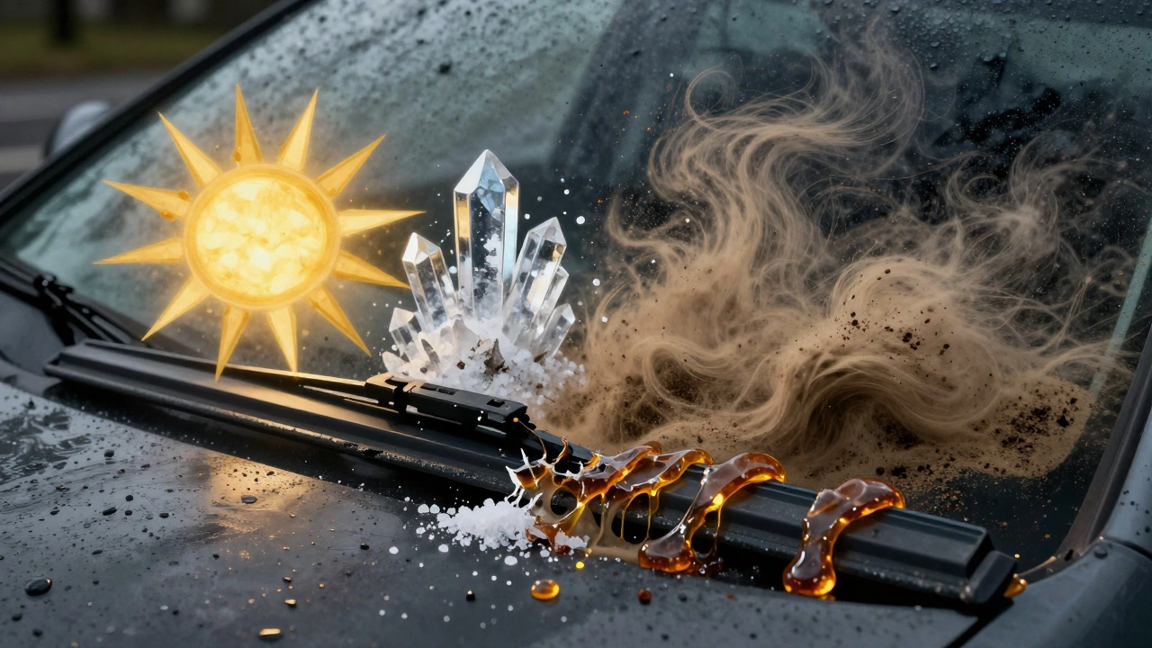 Symbolic destruction of a wiper blade by UV rays, salt, dirt, and sap in dramatic lighting.