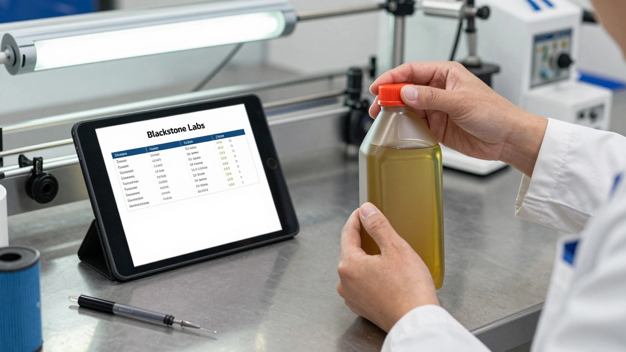 Technician comparing used synthetic oil with fresh oil, with lab report on tablet.