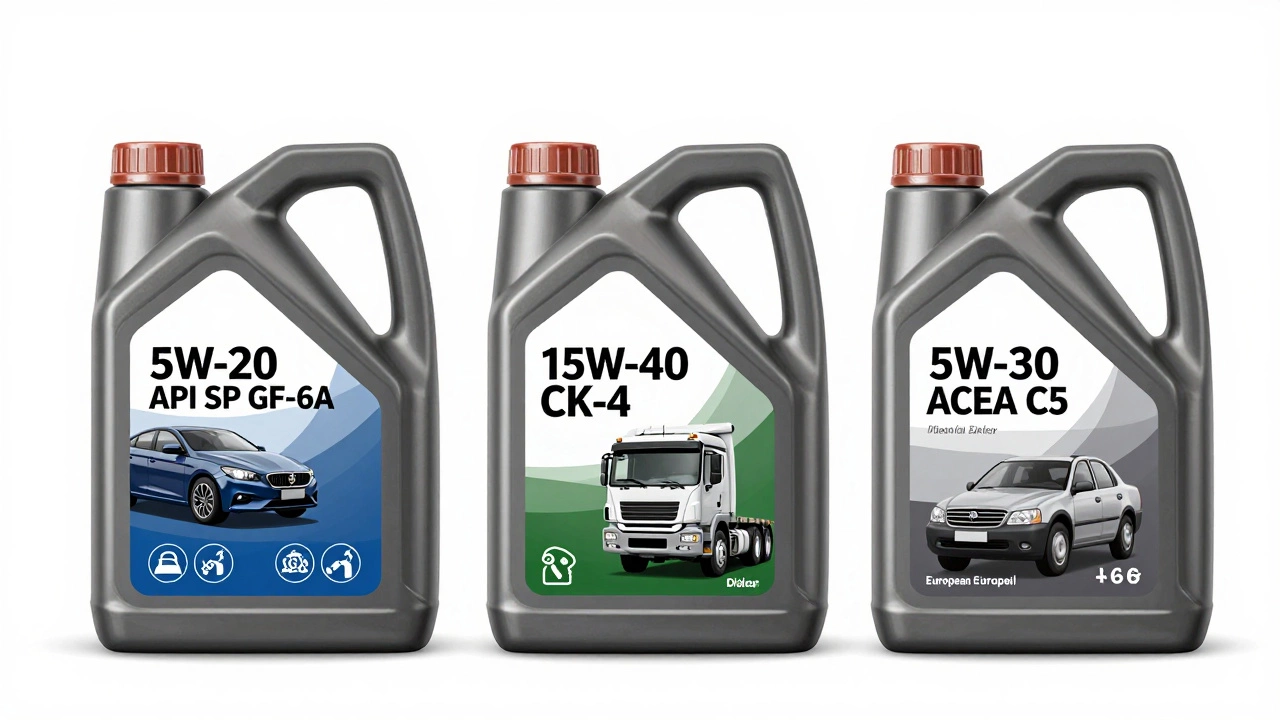Three motor oil bottles side by side labeled for gasoline, diesel, and European vehicles with technical icons for engine types.