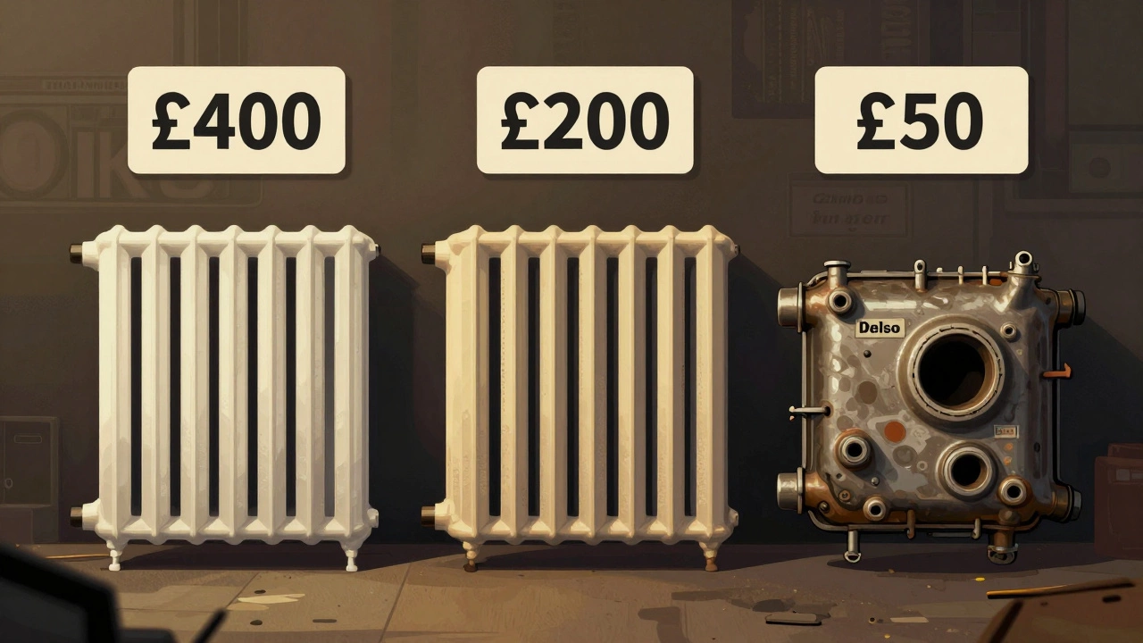 Three radiators side by side with price tags: OEM, aftermarket, and salvaged parts.