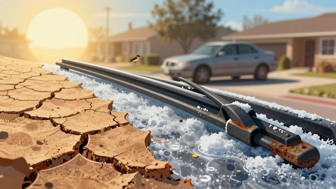 Wiper blade damaged by sun, ice, salt, and debris, set against a parked car in a mixed-season environment.