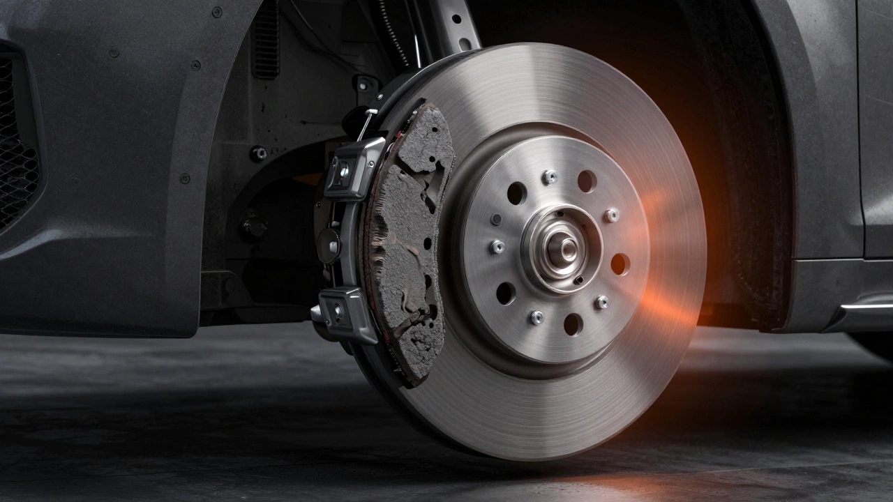 3D conceptual render of a warped brake rotor with glowing heat effects