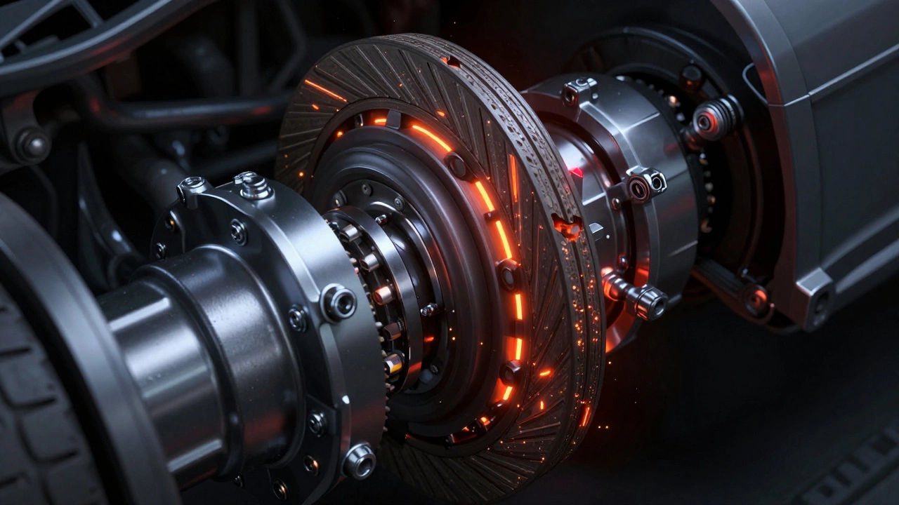 3D diagram of a clutch disc pressing against a flywheel with glowing heat at the friction point.