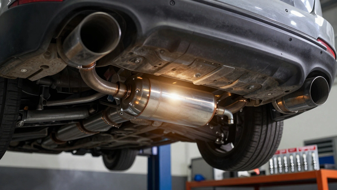 A car's catalytic converter on a lift in a professional mechanic shop.
