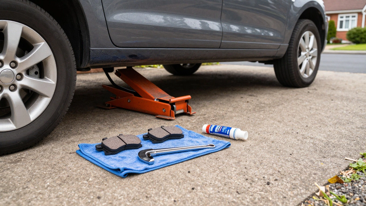 A car safely on jack stands in a driveway with new brake pads and tools ready
