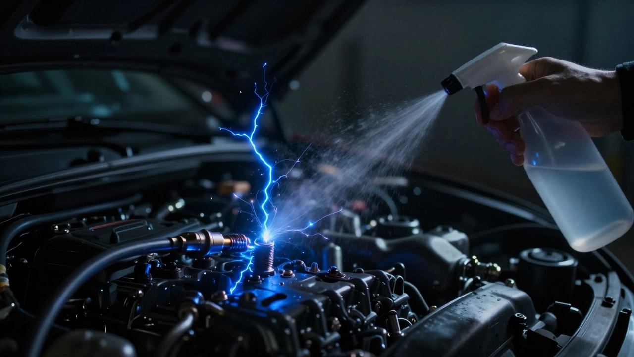 Blue electric sparks jumping from a spark plug during a water mist leak test.