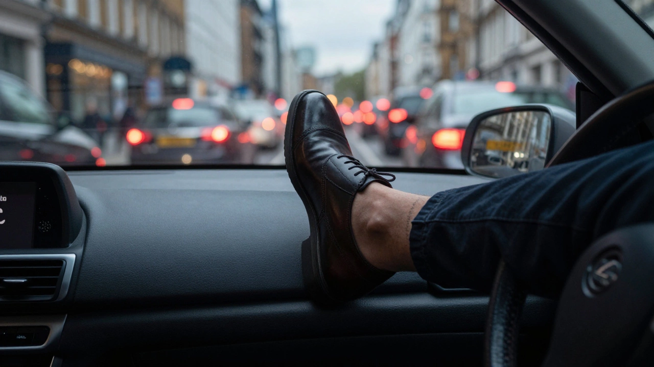 Close-up of a driver's foot on a clutch pedal in heavy city traffic.