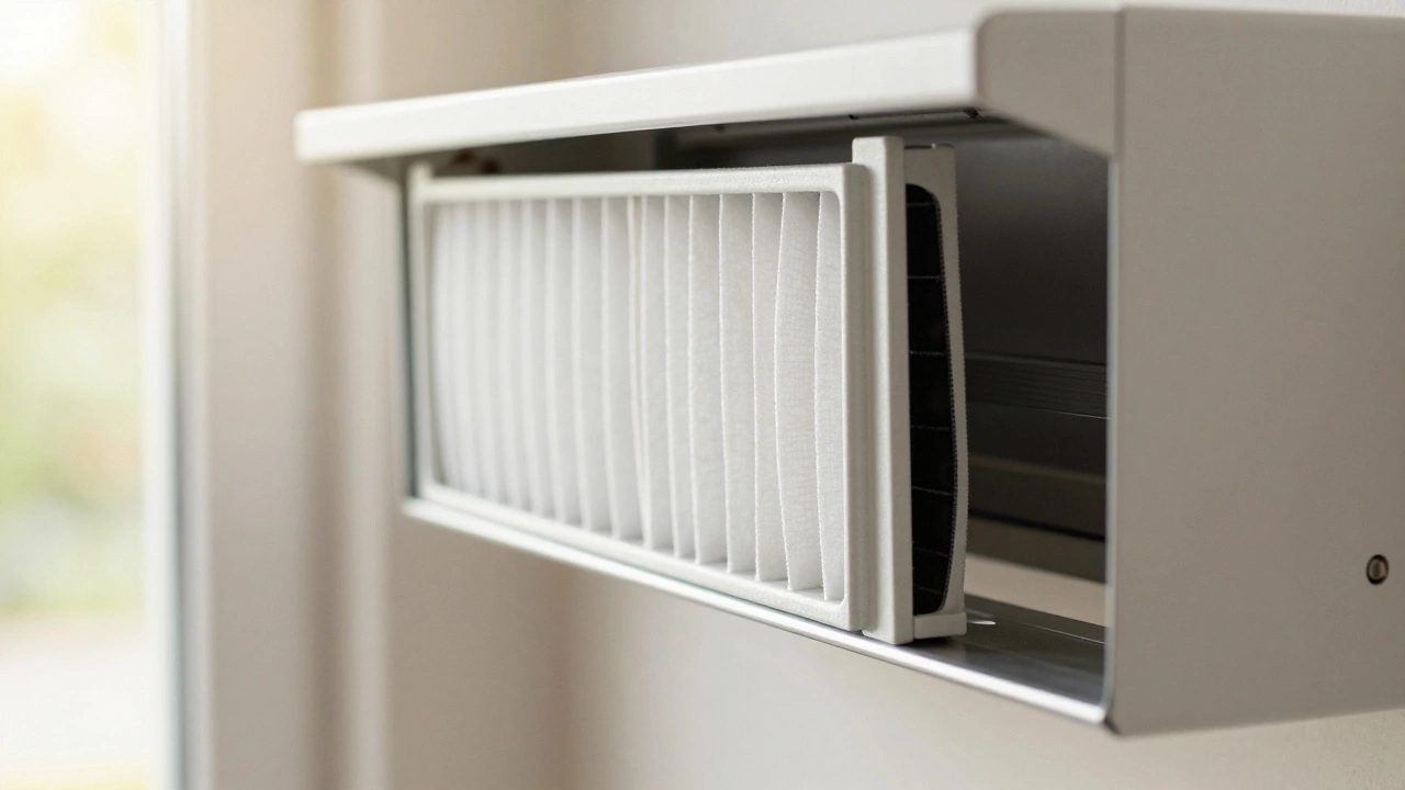 Close-up of a pleated air filter being fitted securely into a metal HVAC system frame