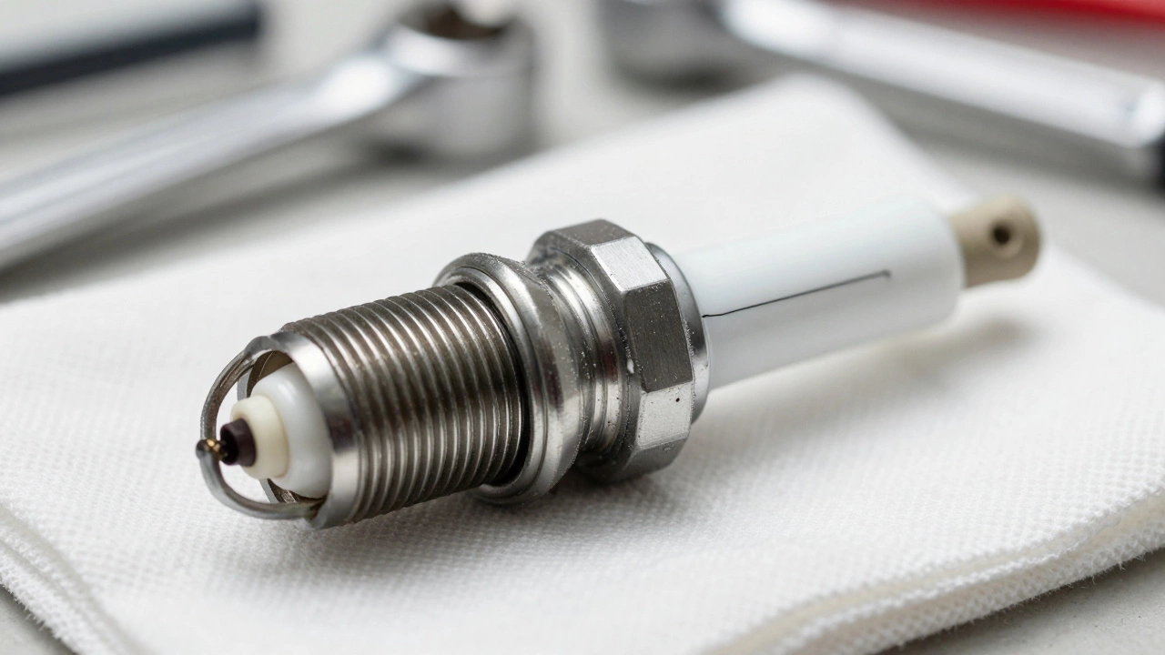 Close-up of a spark plug with a hairline crack and a black carbon track on the ceramic.