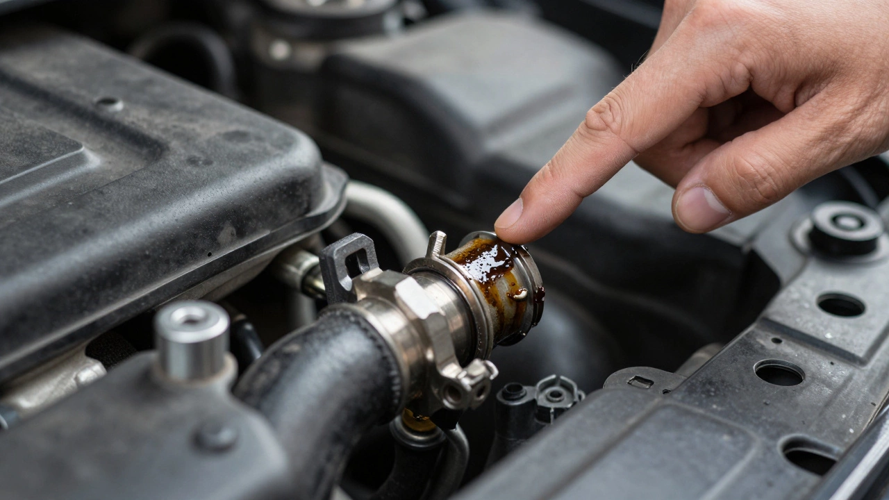 Close-up of oily residue on a car AC hose indicating a leak